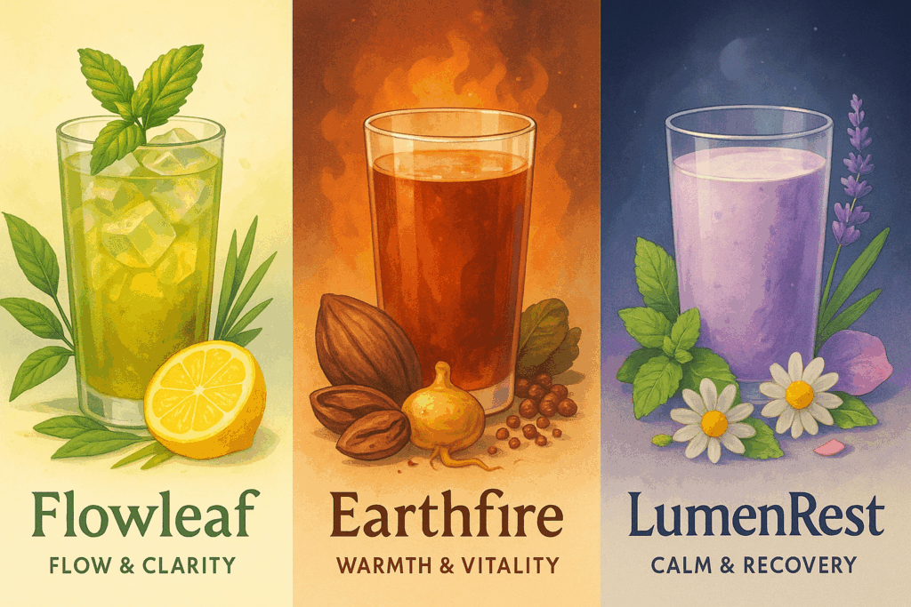 Concept illustration of three herbal wellness drinks: Flowleaf (a green infusion with mint and lemon, symbolizing clarity), Earthfire (a red tonic with cacao and ginger, representing vitality), and LumenRest (a purple blend with chamomile and lavender, evoking calm and recovery). Each drink is styled with fresh ingredients and elemental colors to reflect its purpose.