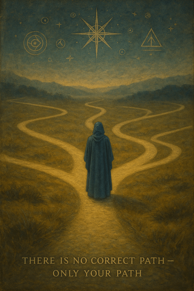 A traditional-style painting shows a lone traveler standing at a crossroads of three winding paths, each leading toward a different natural landscape — one through a tranquil forest, another up a misty mountain, and the third into a golden desert at sunset. Soft celestial light bathes the scene, with no path marked or labeled. The sky overhead swirls with warm hues of blue, violet, and amber, suggesting harmony and choice without pressure. The overall tone is contemplative, inviting reflection rather than direction — visually expressing that **there is no correct path, only presence.
